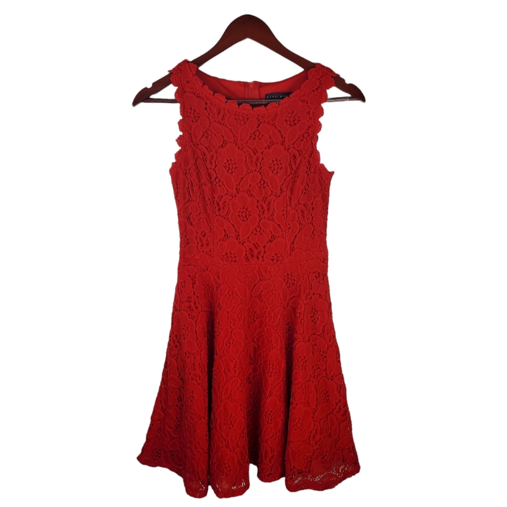 City Studio Juniors Fit & Flare Red Lace Mini Dress - Picture 1 of 10